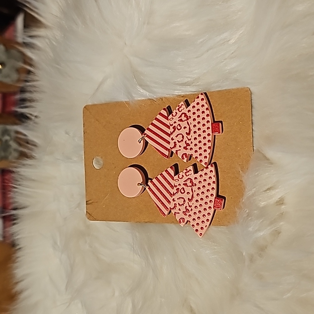 Pink and Red Christmas Tree Earrings